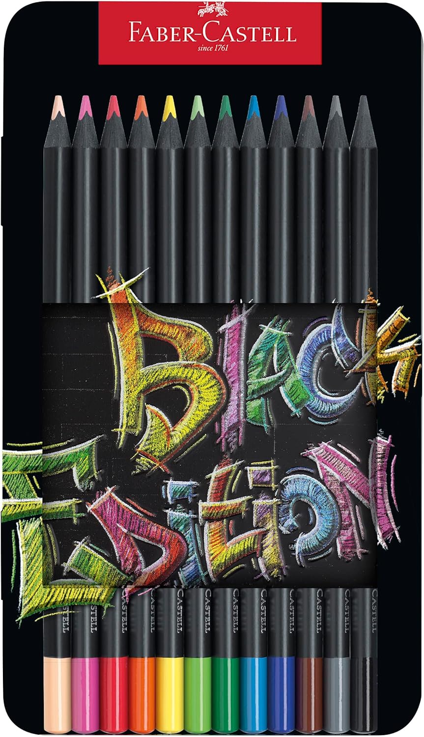 Faber-Castell Black Edition Boîte Métal de 12 Crayons de Couleur - Mine Super Douce - Bois Noir - Idéal pour Dessiner sur Papier Clair, Foncé et Coloré - Couleurs Assorties