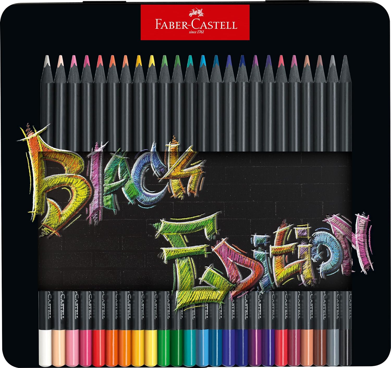 Faber-Castell Black Edition Boîte Métal de 24 Crayons de Couleur - Mine Super Douce - Bois Noir - Idéal pour Dessiner sur Papier Clair, Foncé et Coloré - Couleurs Assorties