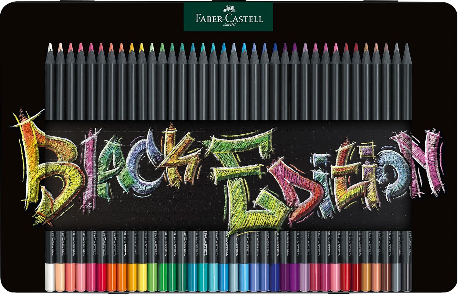 Faber-Castell Black Edition Boîte Métal de 36 Crayons de Couleur - Mine Super Douce - Bois Noir - Idéal pour Dessiner sur Papier Clair, Foncé et Coloré - Couleurs Assorties