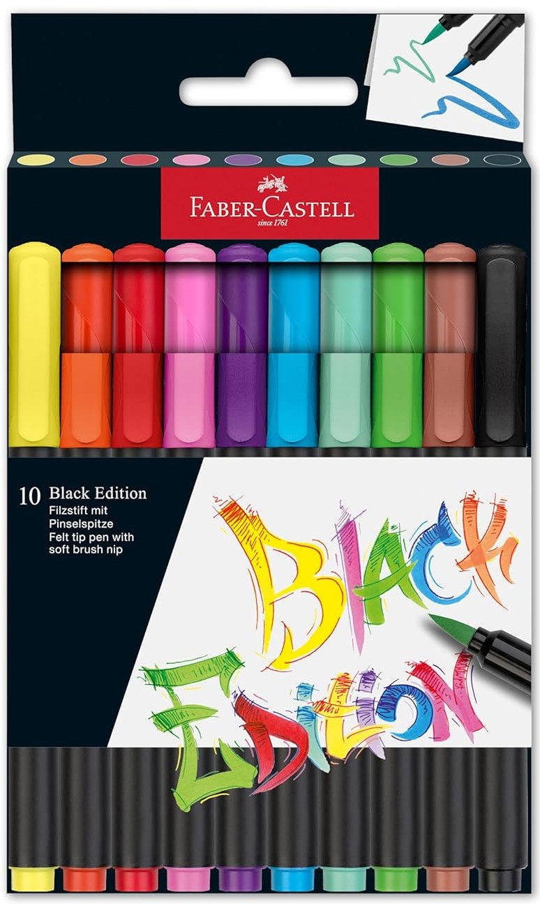 Faber-Castell Black Edition Pack de 10 marqueurs à pointe pinceau - Encre à base de colorant alimentaire - Couleurs assorties