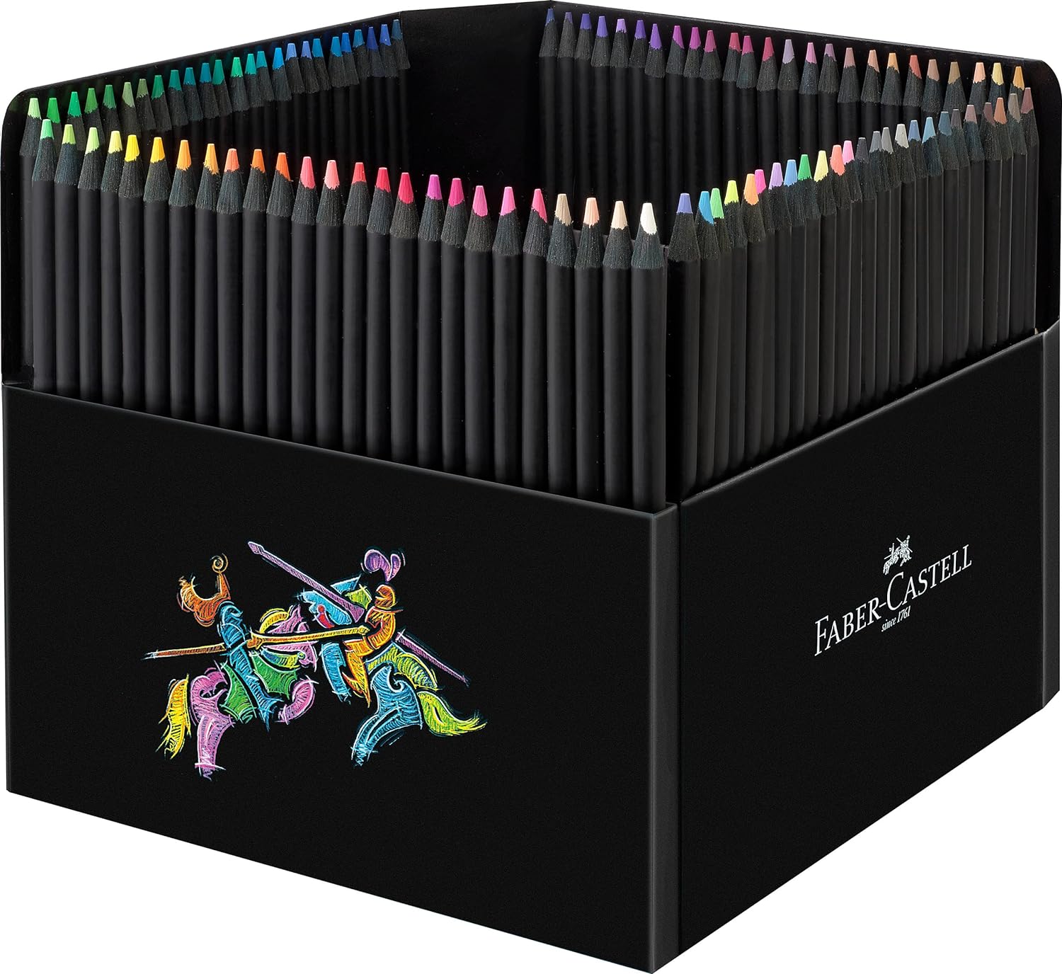 Faber-Castell Black Edition Pack de 100 Crayons de Couleur - Mine Super Douce - Bois Noir - Idéal pour Dessiner sur Papier Clair, Foncé et Coloré - Couleurs Assorties
