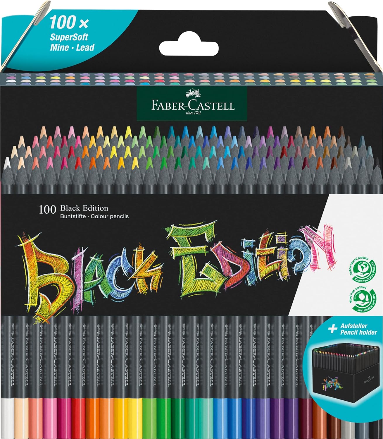Faber-Castell Black Edition Pack de 100 Crayons de Couleur - Mine Super Douce - Bois Noir - Idéal pour Dessiner sur Papier Clair, Foncé et Coloré - Couleurs Assorties