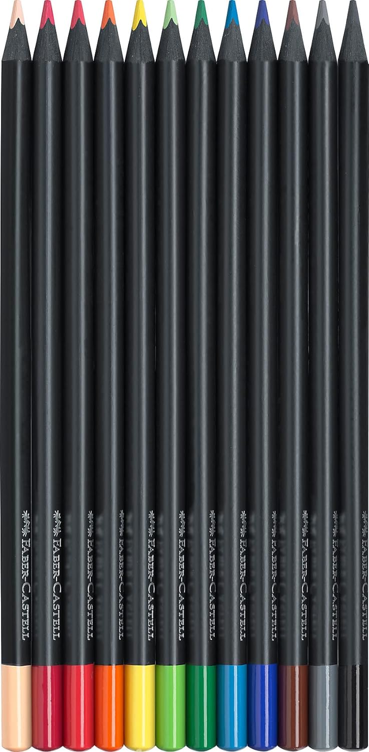 Faber-Castell Black Edition Lot de 12 Crayons de Couleur - Mine Super Douce - Bois Noir - Idéal pour Dessiner sur Papier Clair, Foncé et Coloré - Couleurs Assorties