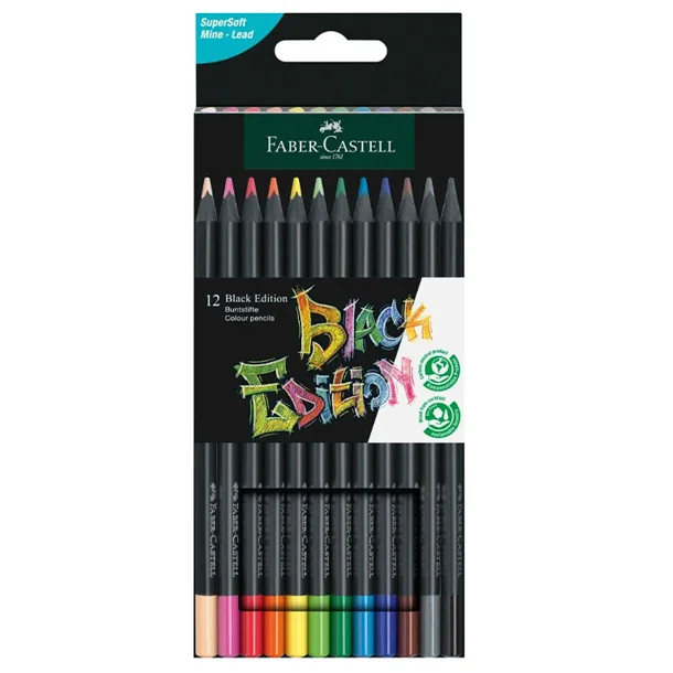 Faber-Castell Black Edition Lot de 12 Crayons de Couleur - Mine Super Douce - Bois Noir - Idéal pour Dessiner sur Papier Clair, Foncé et Coloré - Couleurs Assorties