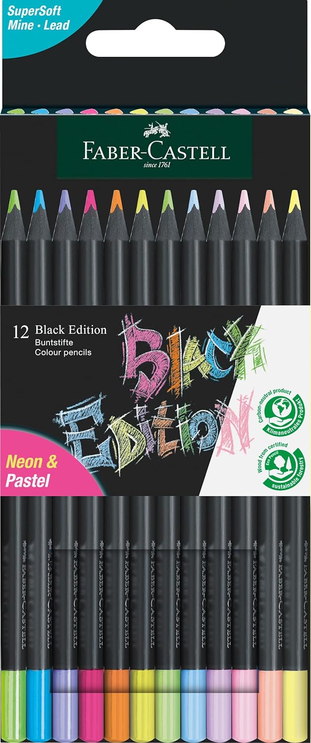 Faber-Castell Black Edition Pack de 12 Crayons de Couleur Néon+Pastel - Mine Super Douce - Bois Noir - Idéal pour Dessiner sur Papier Clair, Foncé et Coloré - Couleurs Assorties