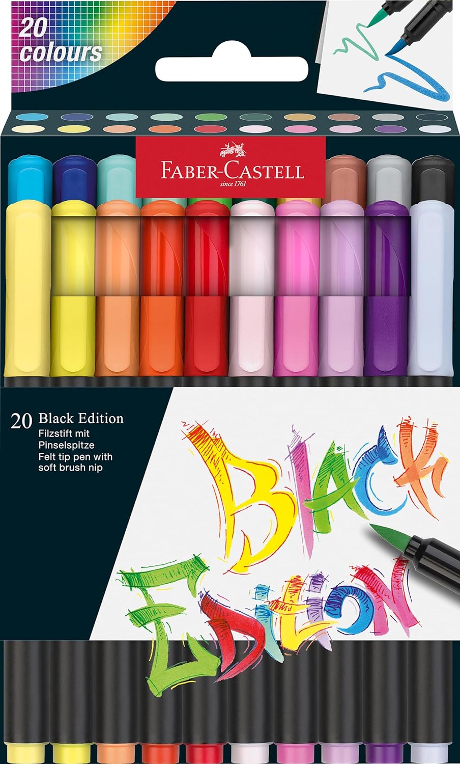 Faber-Castell Black Edition Pack de 20 marqueurs à pointe pinceau - Encre à base de colorant alimentaire - Couleurs assorties
