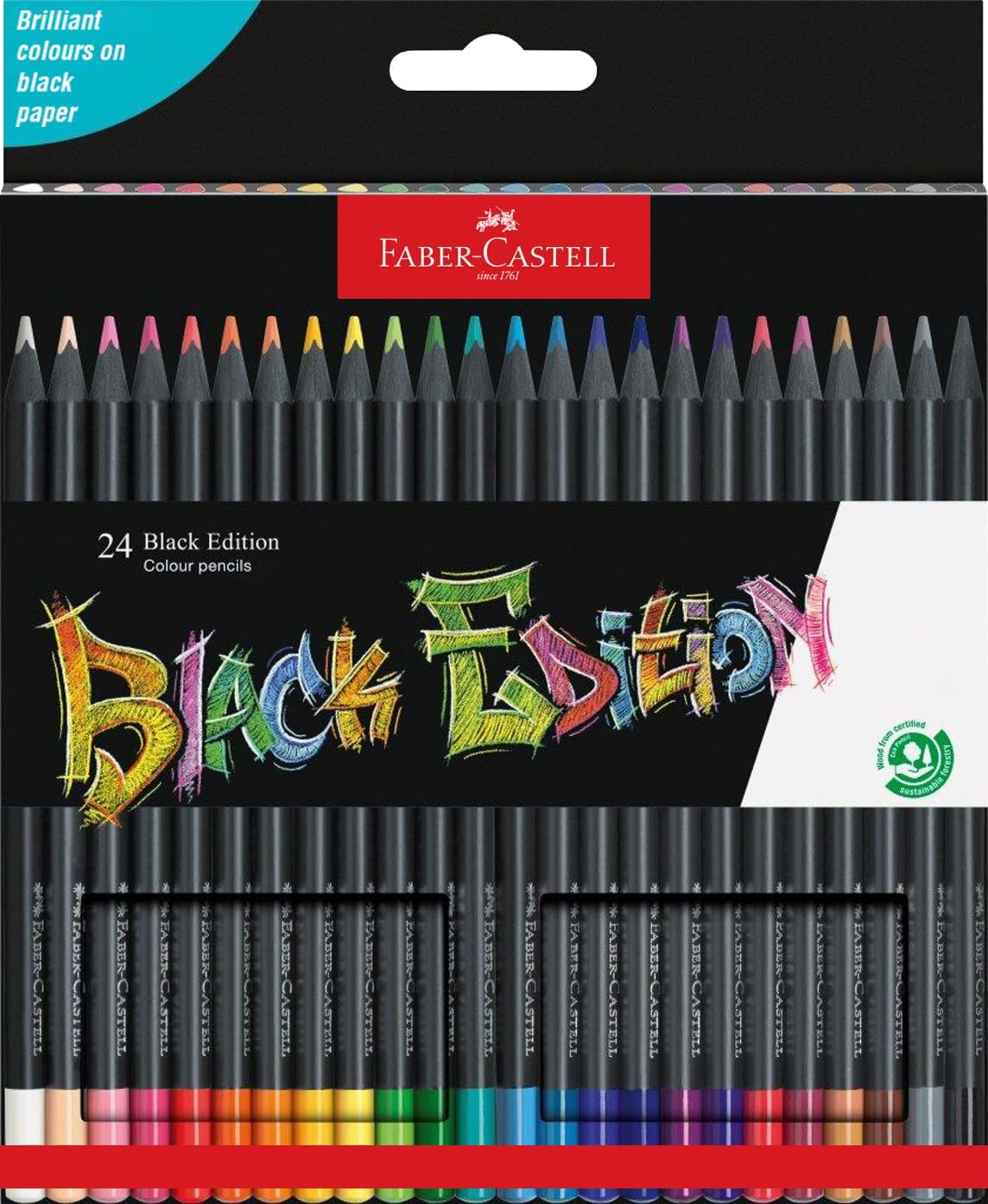 Faber-Castell Black Edition Pack de 24 Crayons de Couleur - Mine Super Douce - Bois Noir - Idéal pour Dessiner sur Papier Clair, Foncé et Coloré - Couleurs Assorties