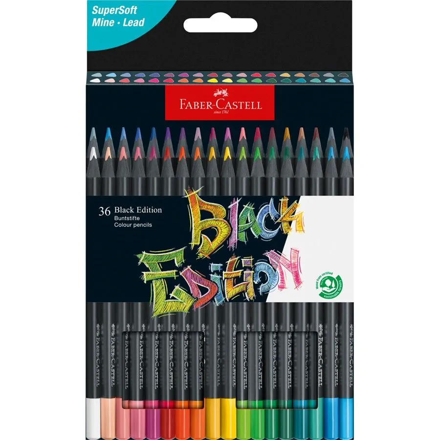 Faber-Castell Black Edition Pack de 36 Crayons de Couleur - Mine Super Douce - Bois Noir - Idéal pour Dessiner sur Papier Clair, Foncé et Coloré - Couleurs Assorties