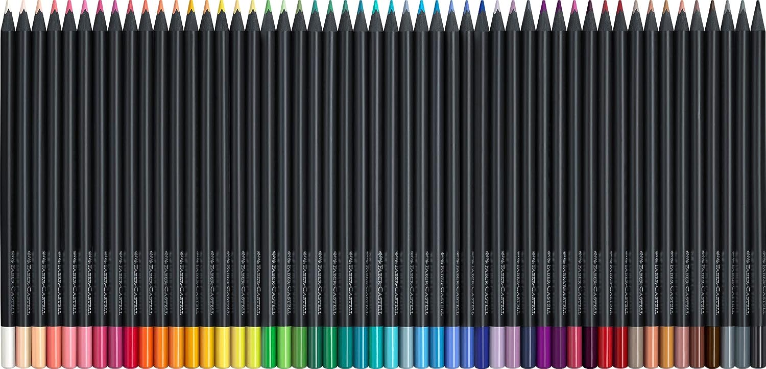 Faber-Castell Black Edition Pack de 50 Crayons de Couleur - Mine Super Douce - Bois Noir - Idéal pour Dessiner sur Papier Clair, Foncé et Coloré - Couleurs Assorties