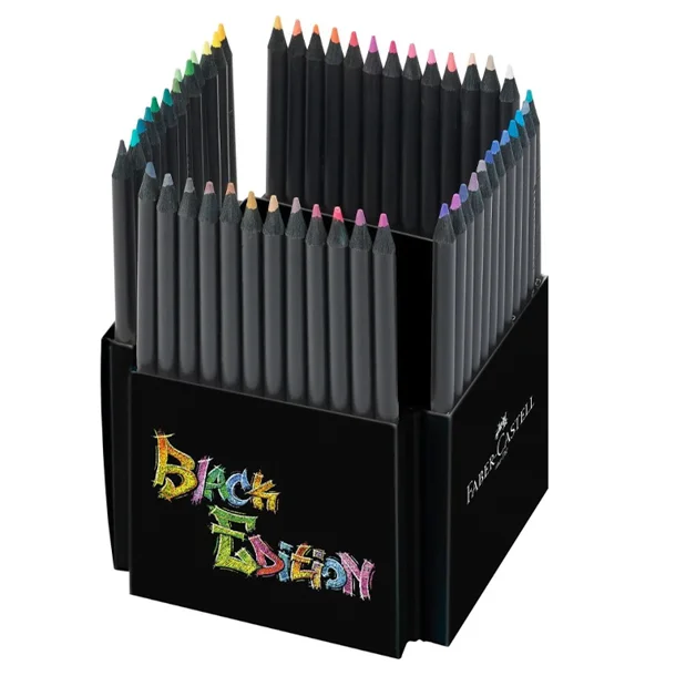 Faber-Castell Black Edition Pack de 50 Crayons de Couleur - Mine Super Douce - Bois Noir - Idéal pour Dessiner sur Papier Clair, Foncé et Coloré - Couleurs Assorties