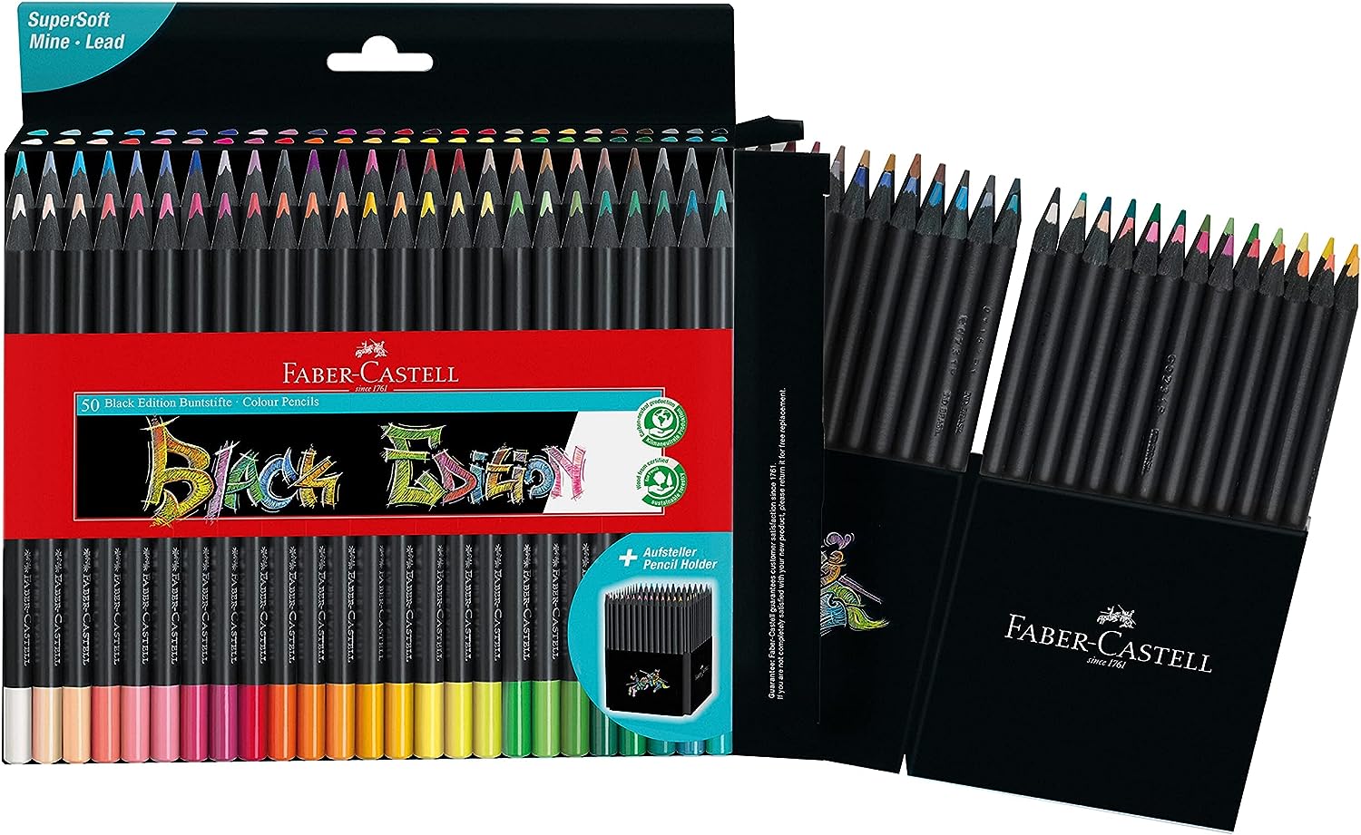 Faber-Castell Black Edition Pack de 50 Crayons de Couleur - Mine Super Douce - Bois Noir - Idéal pour Dessiner sur Papier Clair, Foncé et Coloré - Couleurs Assorties