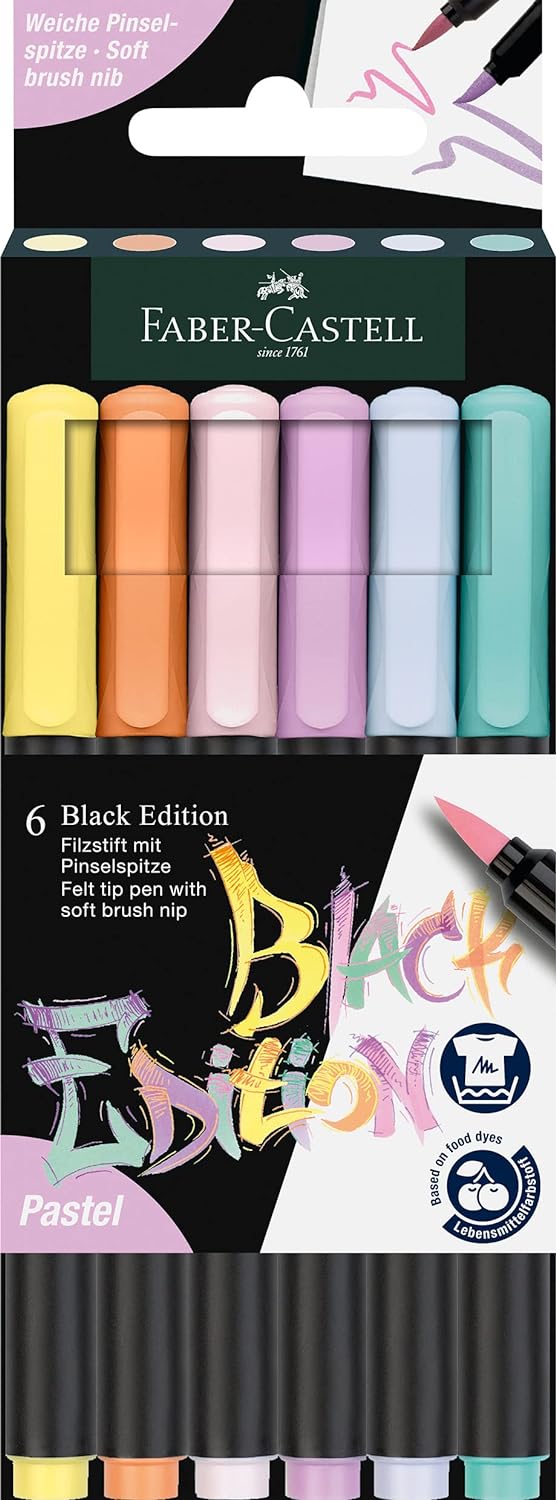 Faber-Castell Black Edition Pack de 6 marqueurs à pointe pinceau - Encre à base de colorant alimentaire - Couleurs pastel assorties