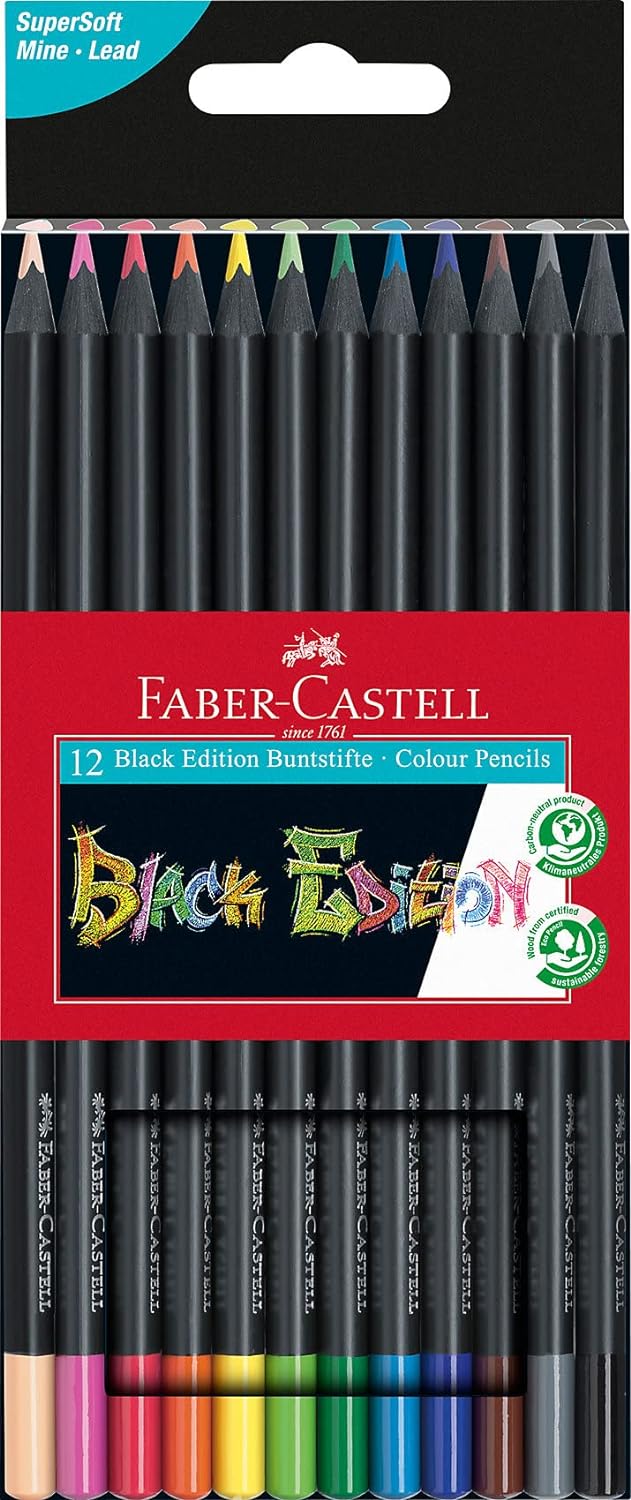 Faber-Castell Black Edition Lot de 36 trousses de couleurs assorties - Mine super douce - Bois noir - Idéal pour dessiner sur papier clair, foncé et coloré - Couleurs assorties