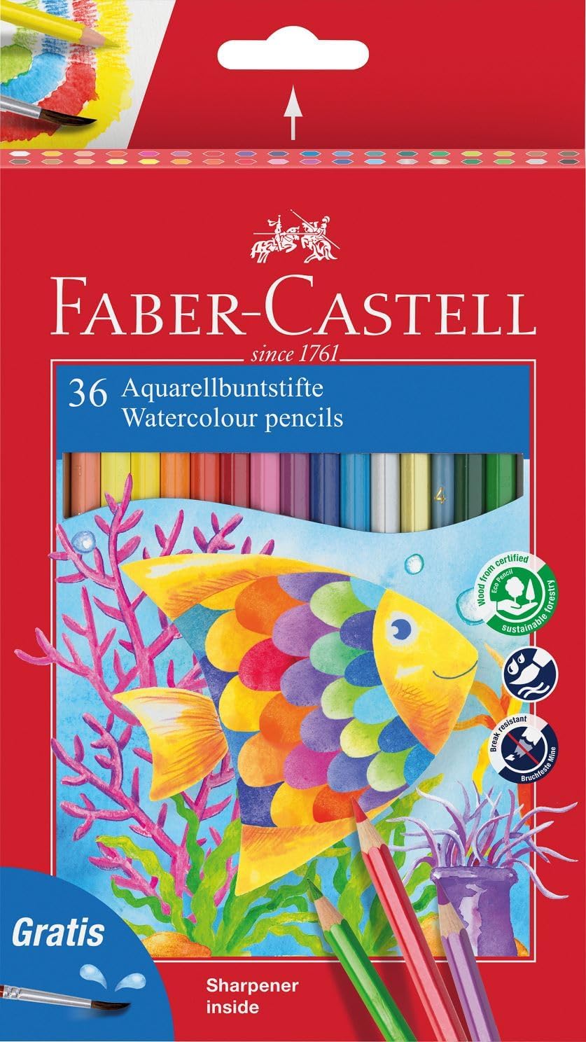 Faber-Castell Classic Color Crayons Aquarelle Paquet de 36 Crayons de Couleur Aquarelle Hexagonaux + Pinceau - Résistance à la Casse - Couleurs Assorties
