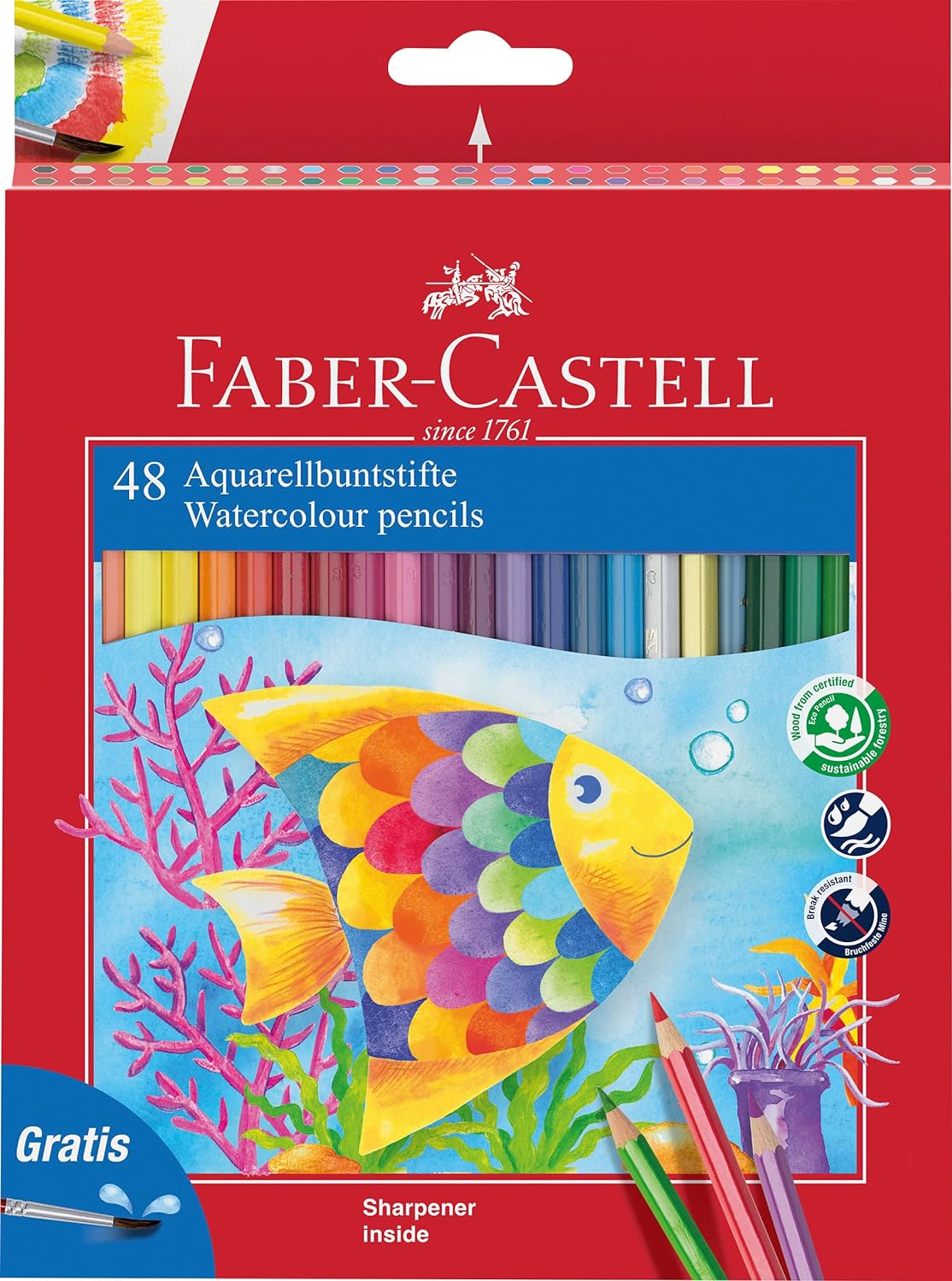 Faber-Castell Classic Color Crayons Aquarelle Paquet de 48 Crayons de Couleur Aquarelle Hexagonaux + Pinceau - Résistance à la Casse - Couleurs Assorties