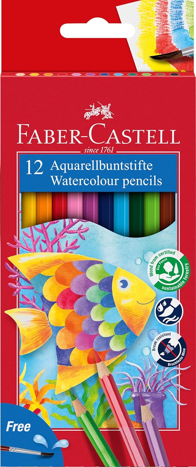 Faber-Castell Crayons aquarelle de couleur classique paquet de 12 crayons de couleur aquarelle hexagonaux + pinceau - Résistance à la rupture - Couleurs assorties