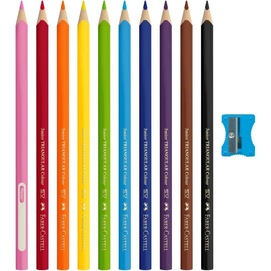 Faber-Castell Jumbo Junior Lot de 10 crayons de couleur triangulaires + taille-crayon - Mine incassable - Lavable - Couleurs assorties