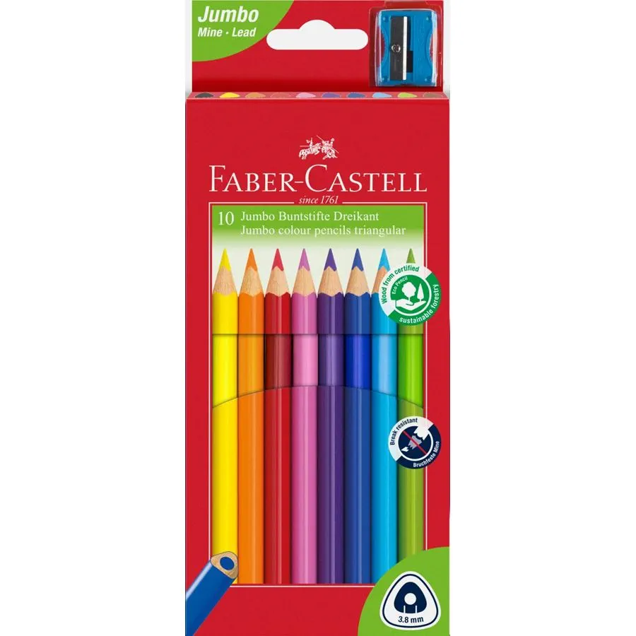 Faber-Castell Jumbo Junior Lot de 10 crayons de couleur triangulaires + taille-crayon - Mine incassable - Lavable - Couleurs assorties