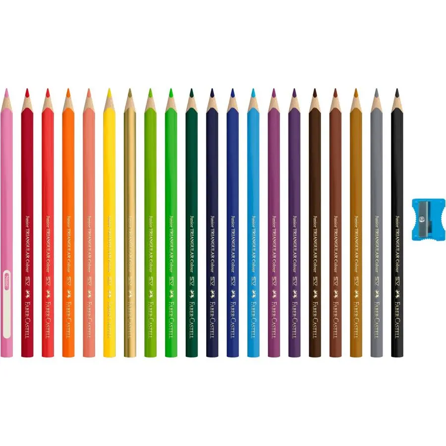 Faber-Castell Jumbo Junior Lot de 20 crayons de couleur triangulaires + taille-crayon - Mine incassable - Lavables - Couleurs assorties
