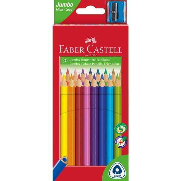 Faber-Castell Jumbo Junior Lot de 20 crayons de couleur triangulaires + taille-crayon - Mine incassable - Lavables - Couleurs assorties