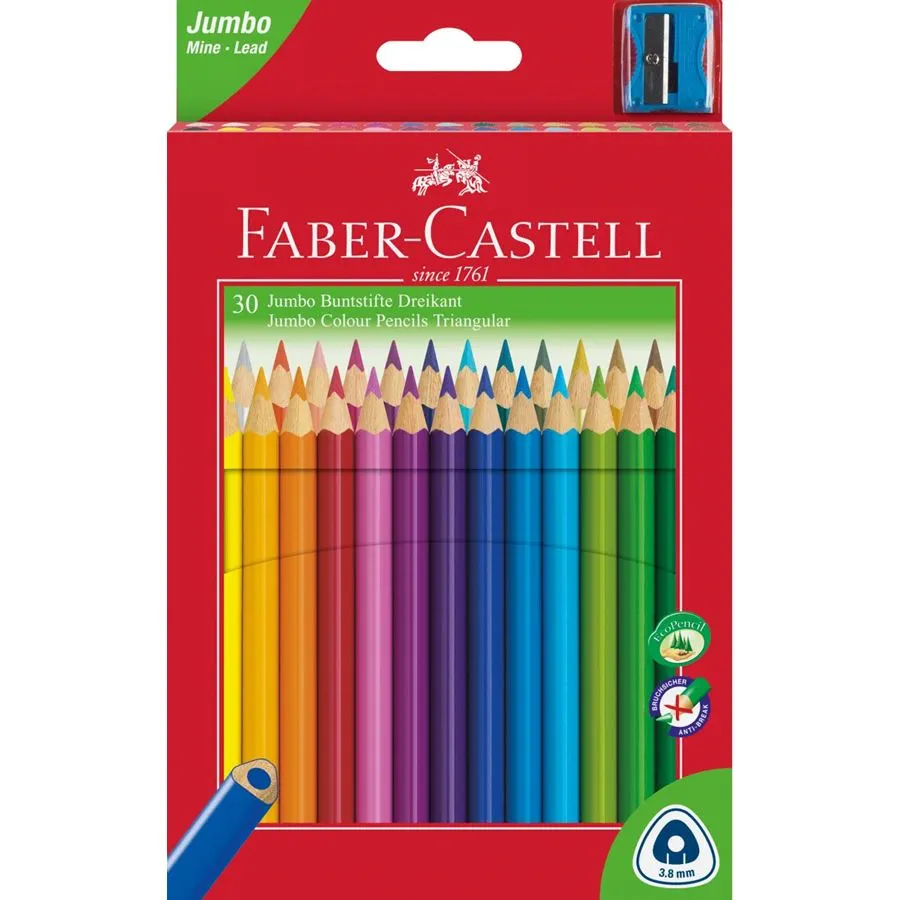 Faber-Castell Jumbo Junior Lot de 30 crayons de couleur triangulaires + taille-crayon - Mine incassable - Lavables - Couleurs assorties