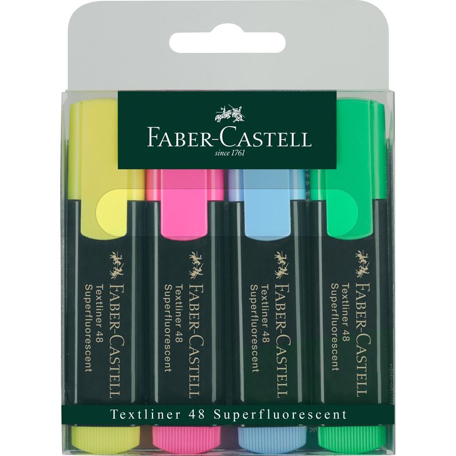 Faber-Castell Lot de 4 marqueurs fluorescents Textliner 48 - Pointe ciselée - Trait entre 1,2 mm et 5 mm - Encre à base d'eau - Couleurs assorties