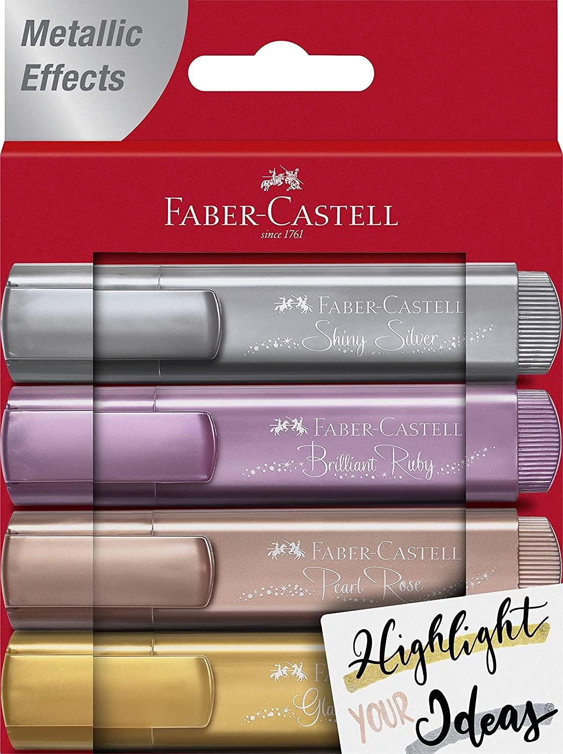 Faber-Castell Textliner 46 Metallic Lot de 4 Feutres Fluorescents - Pointe Biseautée - Trait entre 1mm et 5mm - Encre à Base d'Eau - Couleurs Assorties