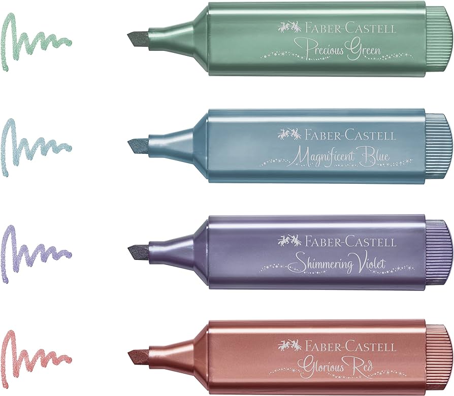 Faber-Castell Textliner 46 Metallic Lot de 4 Feutres Fluorescents - Pointe Biseautée - Trait entre 1mm et 5mm - Encre à Base d'Eau - Couleurs Assorties