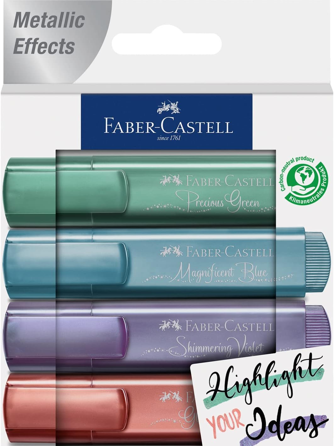 Faber-Castell Textliner 46 Metallic Lot de 4 Feutres Fluorescents - Pointe Biseautée - Trait entre 1mm et 5mm - Encre à Base d'Eau - Couleurs Assorties