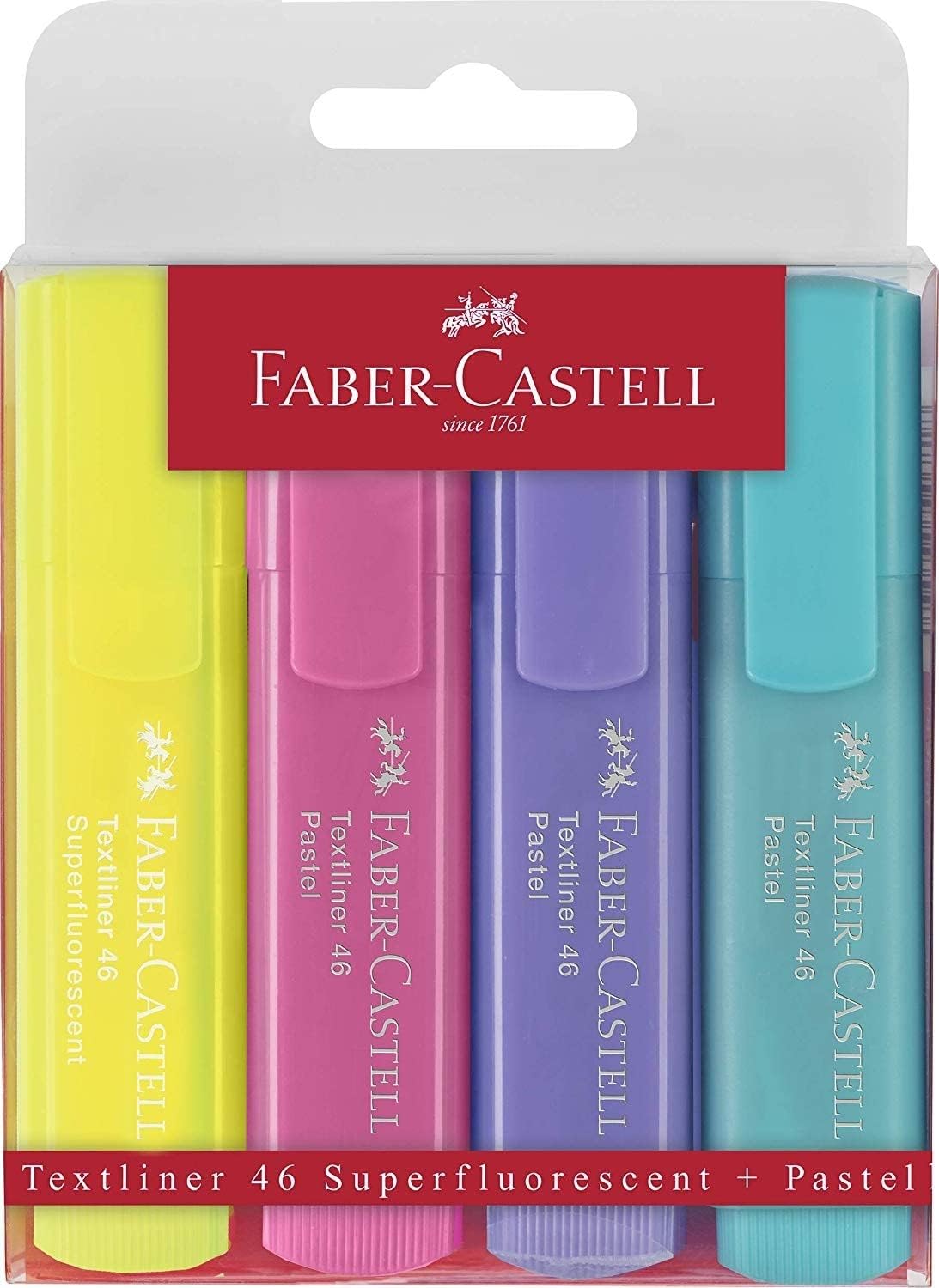 Faber-Castell Textliner 46 Pastel Lot de 4 Feutres Fluorescents - Pointe Biseautée - Trait entre 1mm et 5mm - Encre à Base d'Eau - Couleurs Assorties