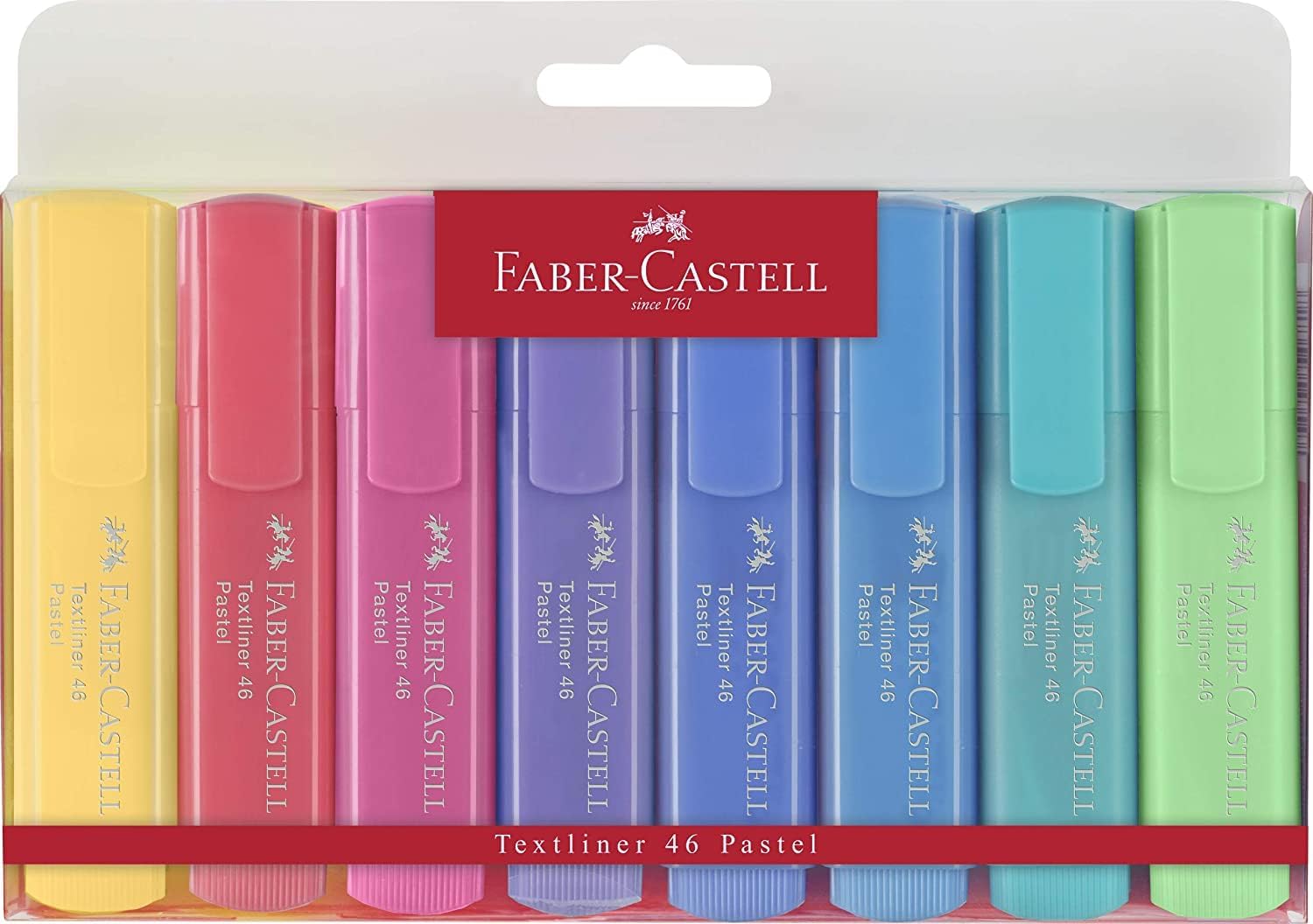 Faber-Castell Textliner 46 Pastel Lot de 8 Feutres Fluorescents - Pointe Biseautée - Trait entre 1mm et 5mm - Encre à Base d'Eau - Couleurs Assorties