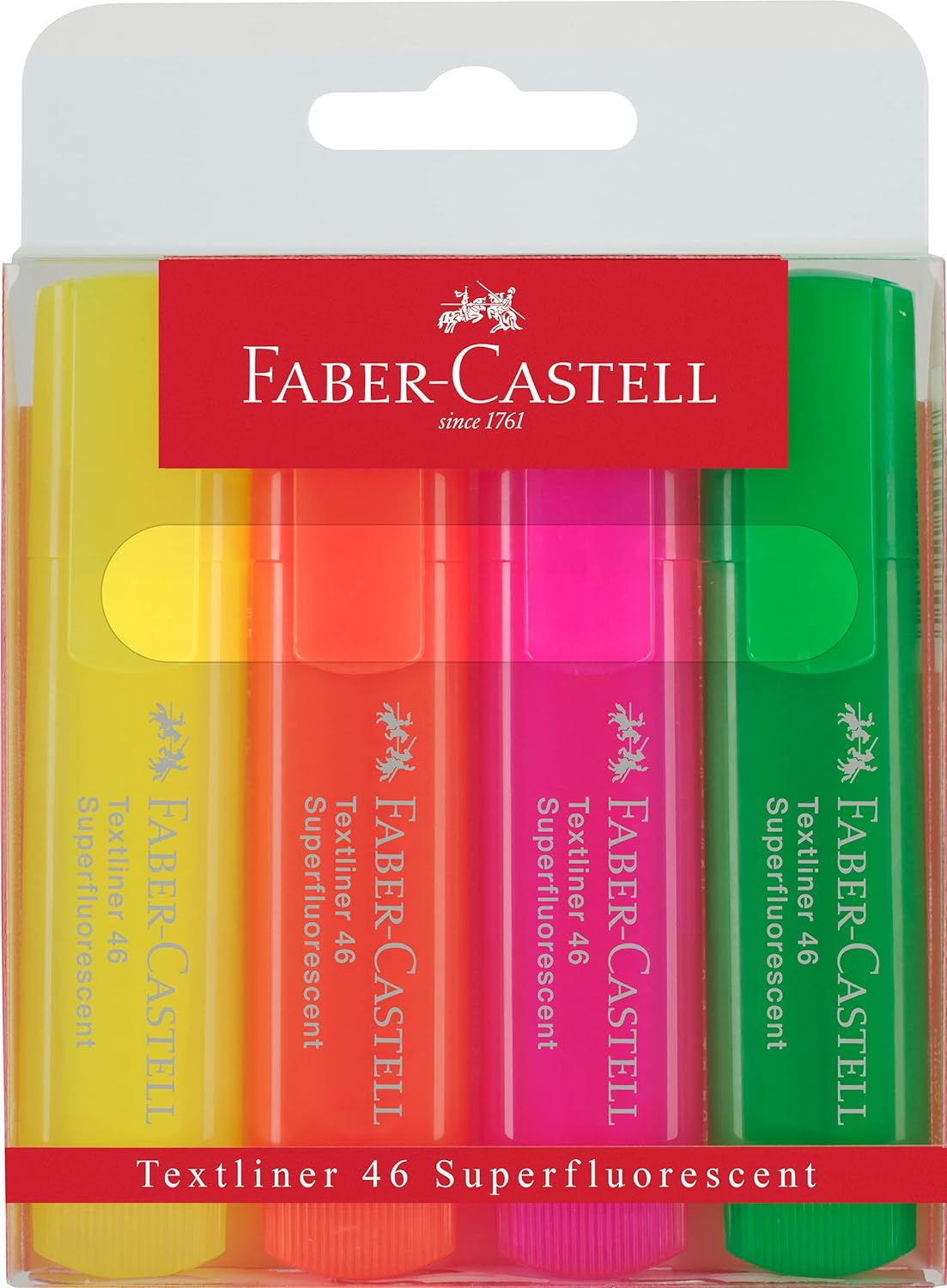 Faber-Castell Textliner 46 Superfluorescent Lot de 4 Feutres Fluorescents - Pointe Biseautée - Trait entre 1mm et 5mm - Encre à Base d'Eau - Couleurs Assorties