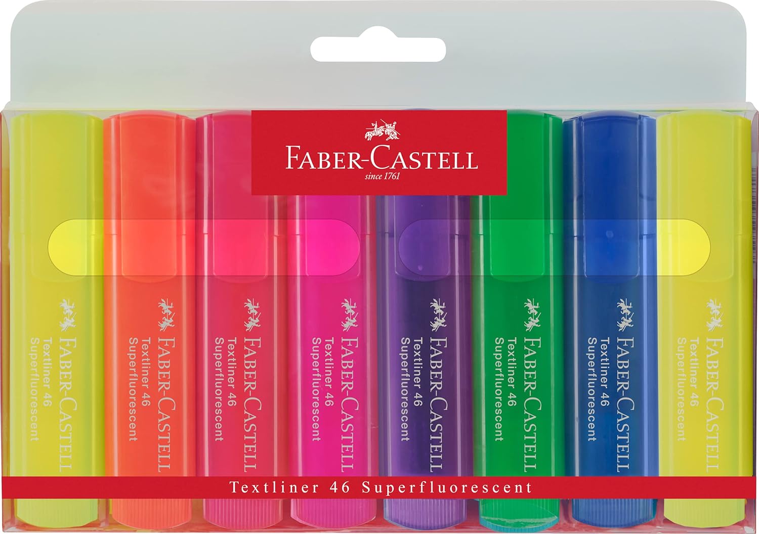 Faber-Castell Textliner 46 Superfluorescent Lot de 8 Marqueurs Fluorescents - Pointe Biseautée - Trait entre 1mm et 5mm - Encre à Base d'Eau - Couleurs Assorties