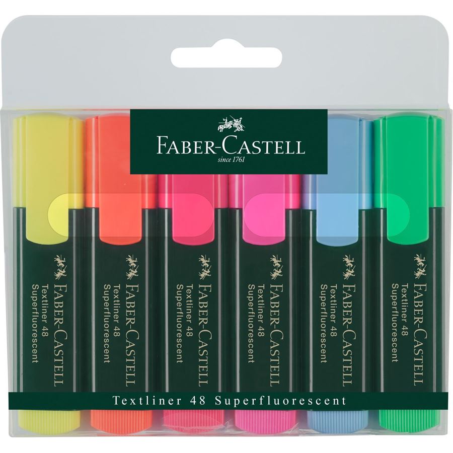 Faber-Castell Textliner 48 Lot de 6 marqueurs fluorescents - Pointe biseautée - Trait entre 1,2 mm et 5 mm - Encre à base d'eau - Couleurs assorties