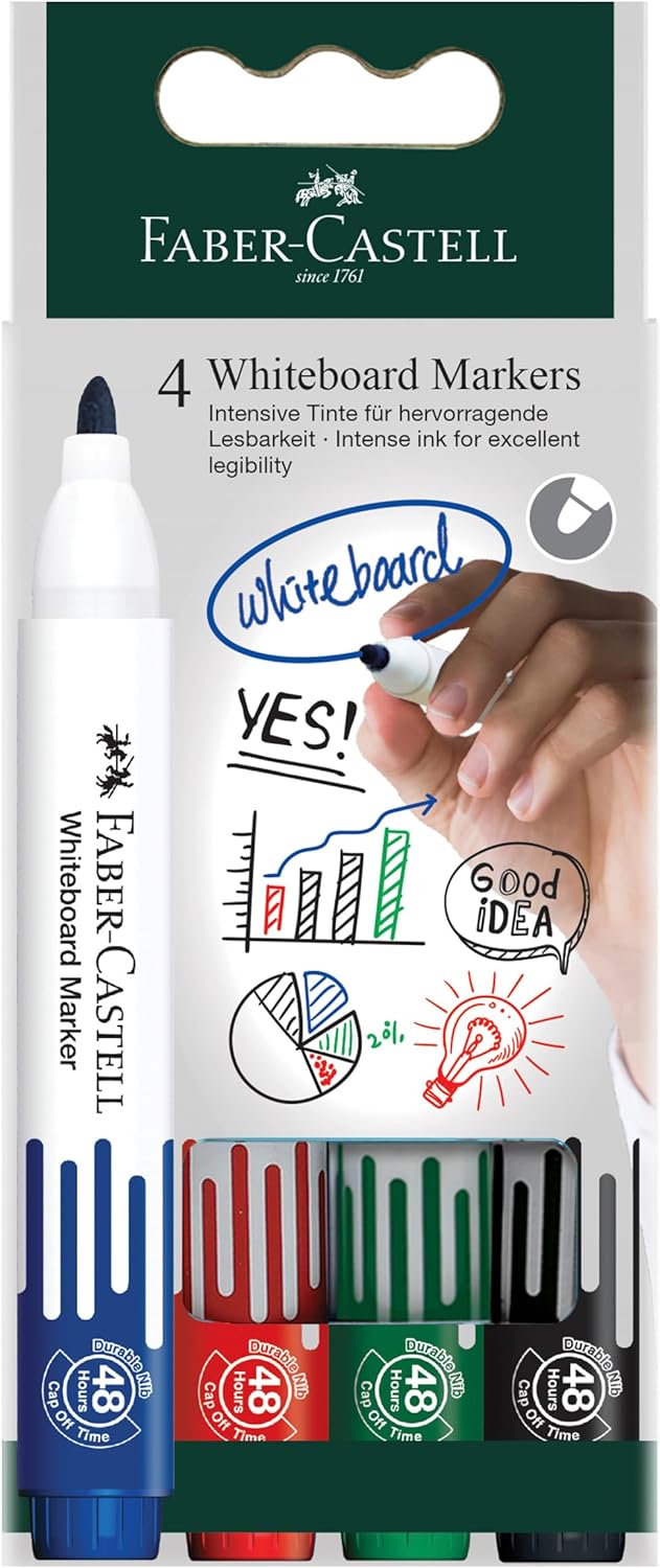 Faber-Castell W20 Pack de 4 marqueurs pour tableau blanc - Pointe ogive - Largeur de trait 2,25 mm - Effaçable à sec - Couleurs assorties