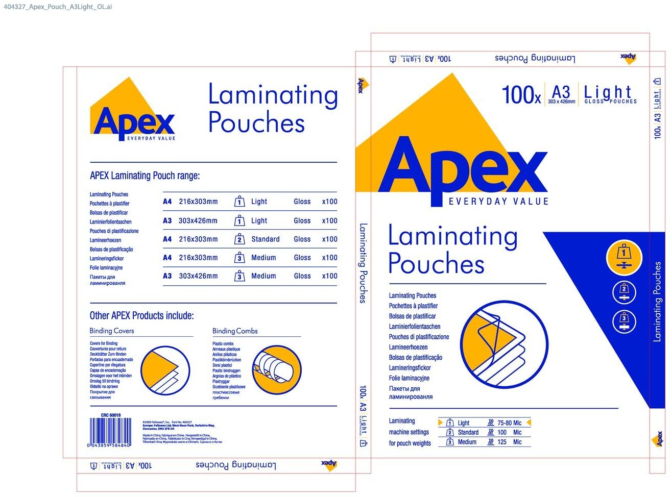  Fellowes Apex Lot 100 Pochettes A3, 75 microns