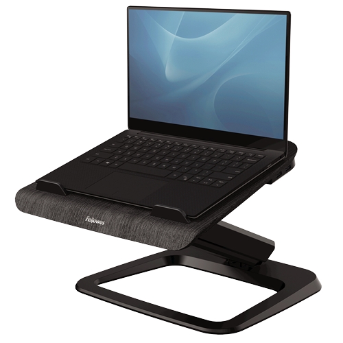 Fellowes Hana Laptop Stand - Système de ressort à gaz - Inclinaison maximale de 95º - 4 ports USB - Base en aluminium et plate-forme en bois - Jusqu'à 29 pouces - Couleur noire