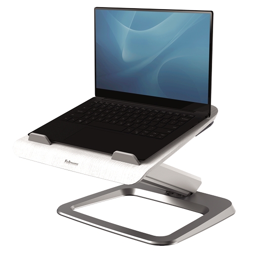 Fellowes Hana Laptop Stand - Système de ressort à gaz - Inclinaison maximale de 95º - 4 ports USB - Base en aluminium et plate-forme en bois - Jusqu'à 29 pouces - Couleur blanche