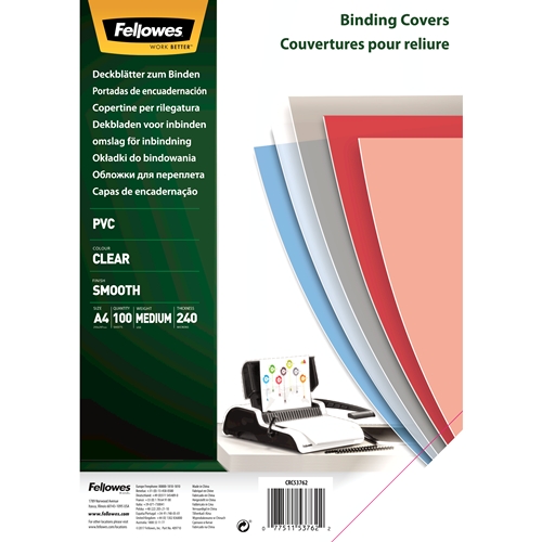Fellowes Lot de 100 couvertures de reliure en PVC A4 - 240 microns - Finition de qualité - Transparent