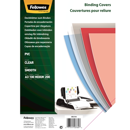 Fellowes Lot de 100 couvertures de reliure PVC A3 - 200 microns - Robuste - Transparent