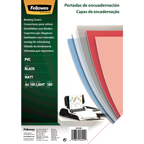 Fellowes Lot de 100 couvertures de reliure PVC A4 - 180 microns - Finition de qualité - Noir