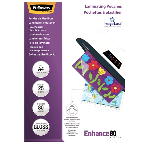 Fellowes Lot de 25 pochettes de plastification brillantes A4 - 80 microns - Haute qualité - Transparent