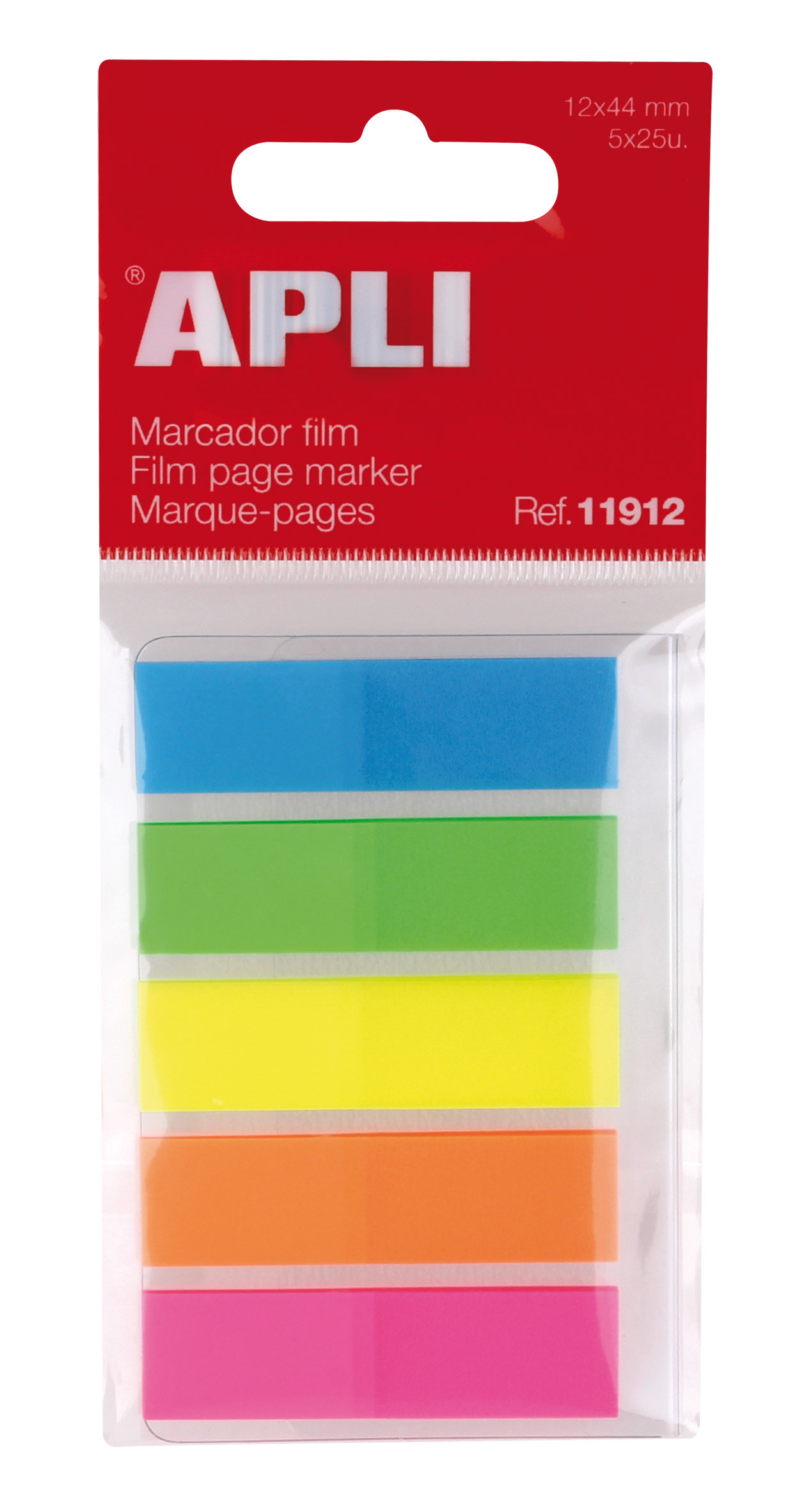 Film Index Adhésif Apli 45x12mm 5 Couleurs Fluorescentes - 25 Index par Couleur - Facile à Coller et Décoller - Idéal pour Marquer et Organiser - Format Pratique - Couleurs Assorties