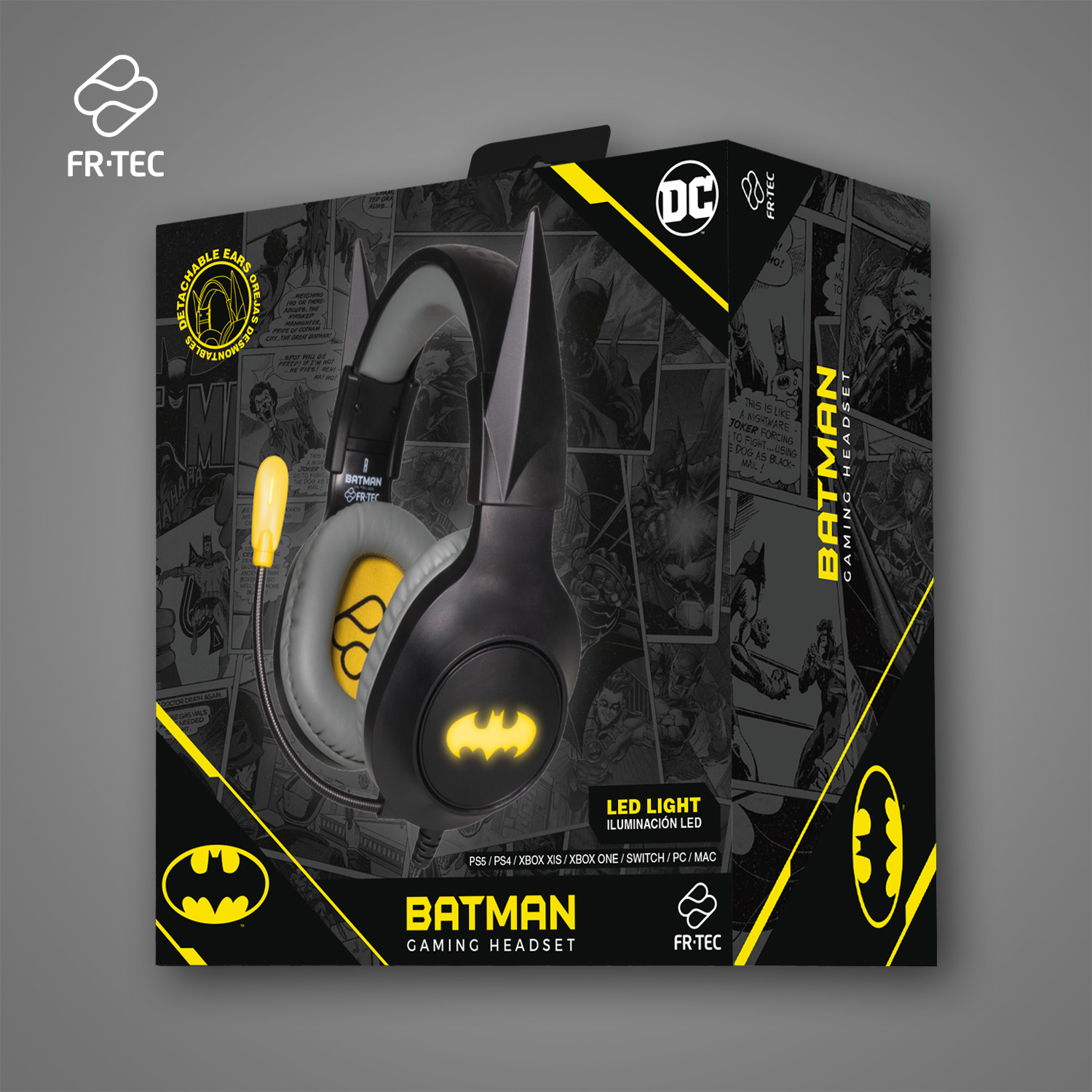 FR-TEC Batman Casque de jeu avec microphone pliable – Bandeau réglable – Coussinets rembourrés – Éclairage LED jaune – Couleur grise