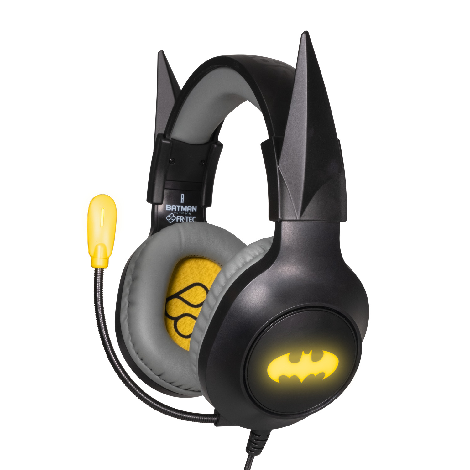 FR-TEC Batman Casque de jeu avec microphone pliable – Bandeau réglable – Coussinets rembourrés – Éclairage LED jaune – Couleur grise