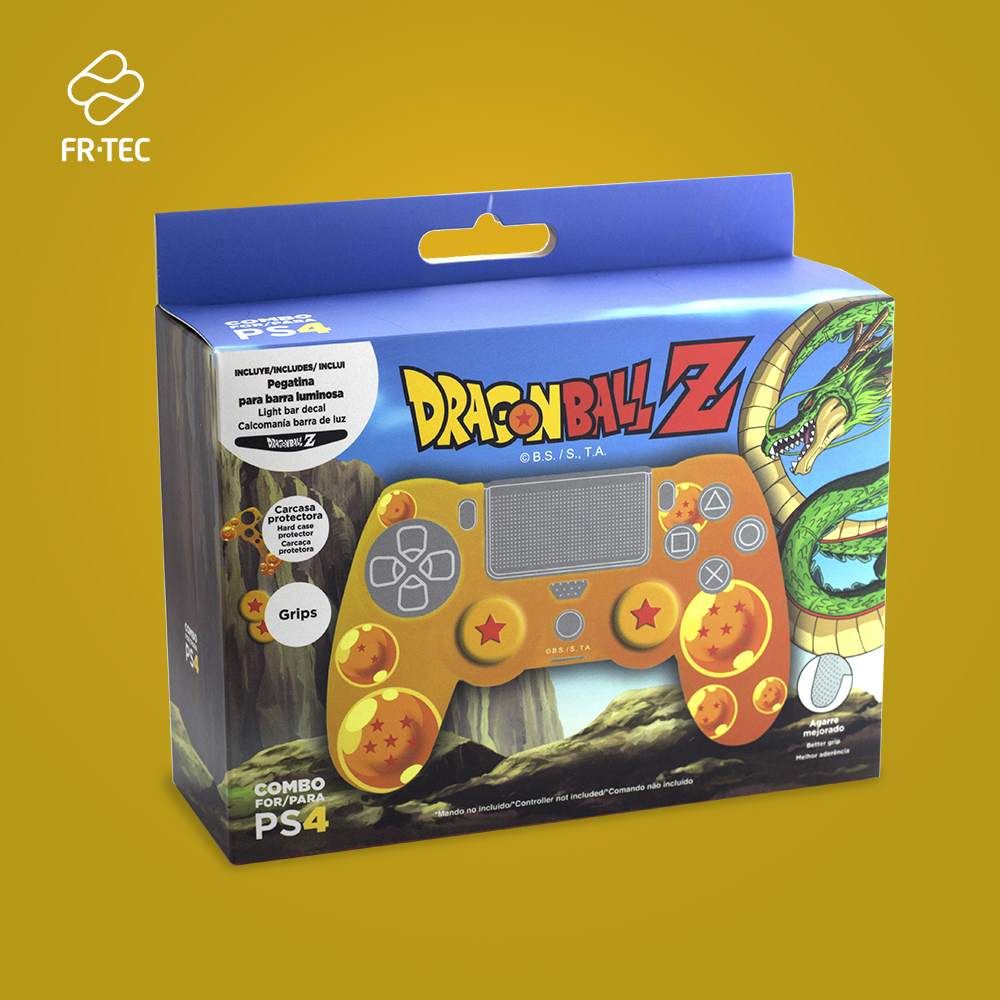 FR-TEC Combo Pack Dragon Ball Z PS4 Coque de Protection Rigide + Finger Grip Grips - Design Officiel Dragon Ball - Autocollant LED - Couleur Jaune