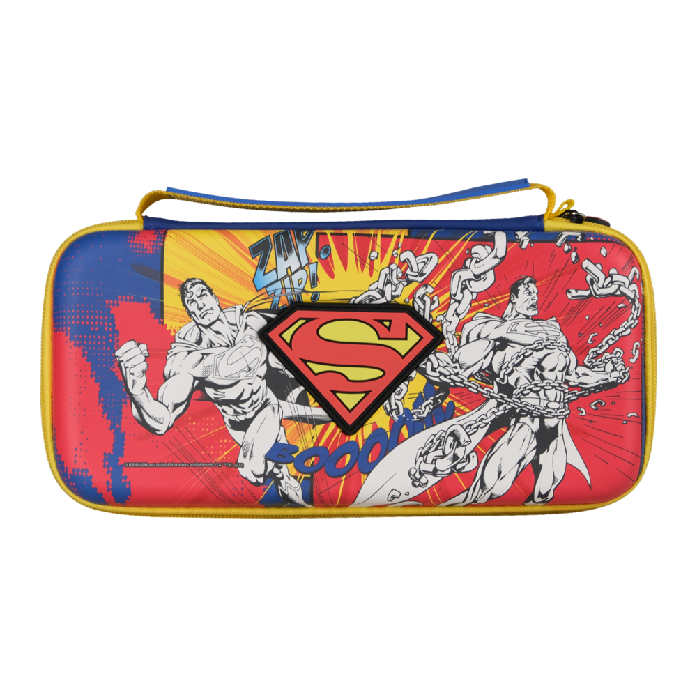 FR-TEC Premium Superman Bag pour Nintendo Switch - Compatible avec tous les modèles - Étui de haute qualité avec support intégré - Comprend une boîte de 4 jeux - Matériau intérieur de protection velouté - Différentes couleurs