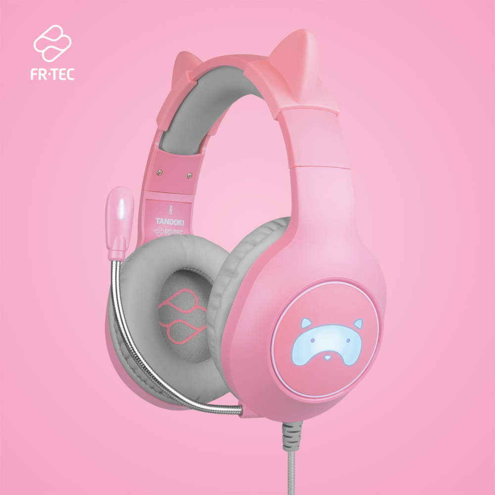 FR-TEC Tanooki Casque de jeu – Casque de jeu avec lumière LED – Son stéréo HD dans haut-parleurs de 50 mm – Suppression du bruit – Bandeau réglable avec oreilles amusantes – Microphone flexible – Couleur rose