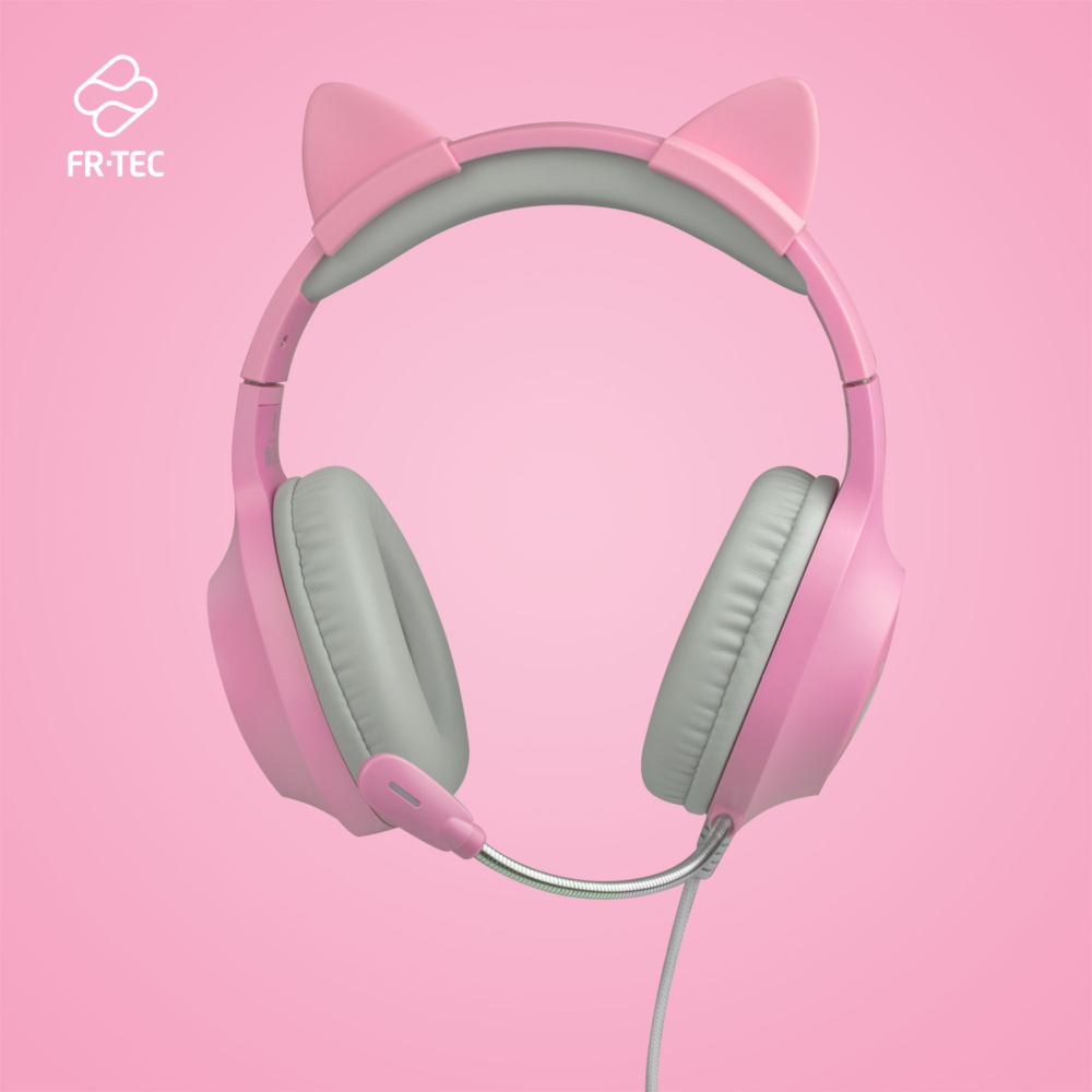 FR-TEC Tanooki Casque de jeu – Casque de jeu avec lumière LED – Son stéréo HD dans haut-parleurs de 50 mm – Suppression du bruit – Bandeau réglable avec oreilles amusantes – Microphone flexible – Couleur rose