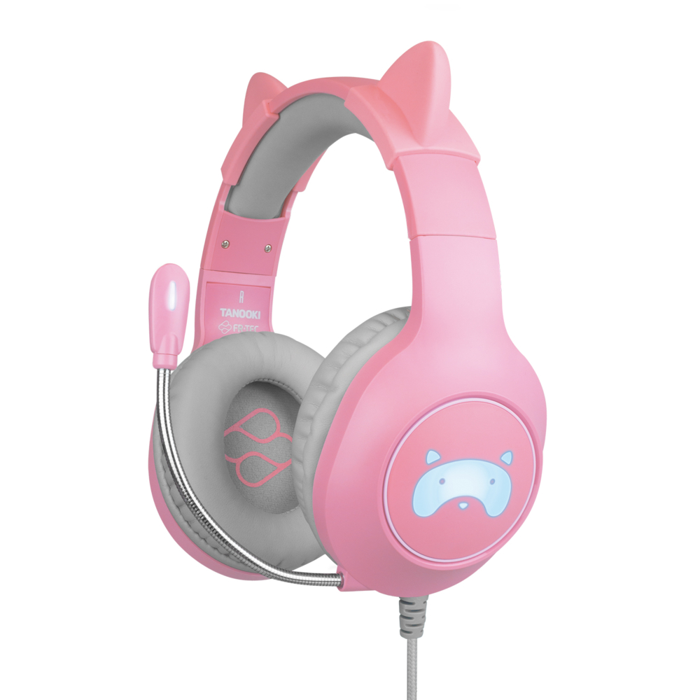 FR-TEC Tanooki Casque de jeu – Casque de jeu avec lumière LED – Son stéréo HD dans haut-parleurs de 50 mm – Suppression du bruit – Bandeau réglable avec oreilles amusantes – Microphone flexible – Couleur rose